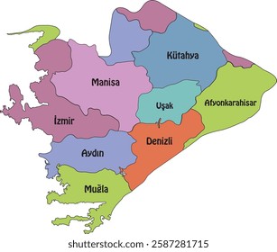 Turkey's Aegean Region administrative map colorful vector illustration, Turkey's Aegean region administrative map, Turkey's Aegean Region vector map. Administrative borders of Turkey's Aegean region