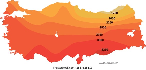 Turkey's annual average sunshine duration map (Türkiye's sunshine duration map)