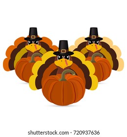 Turkeys cartoon with pumpkins 