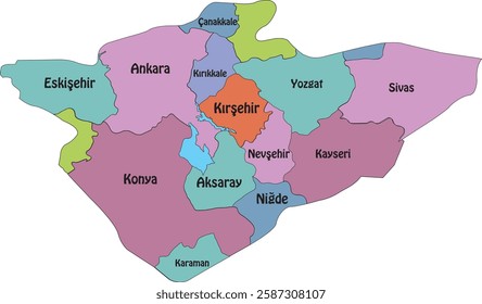 Turkey's Central Anatolia Region administrative map colorful vector illustration, Turkey's Central Anatolia region administrative map, Turkey's Central Anatolia Region vector map. Administrative borde