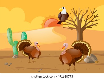 Turkeys and eagle in desert illustration
