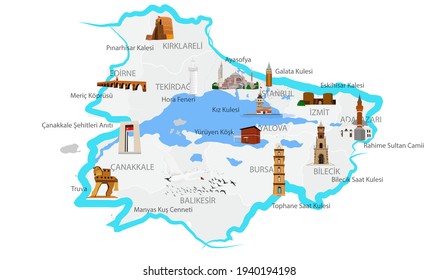 Die historischen und touristischen Orte der Türkei. Region Marmara. Touristische Orte. Vektorbilder.