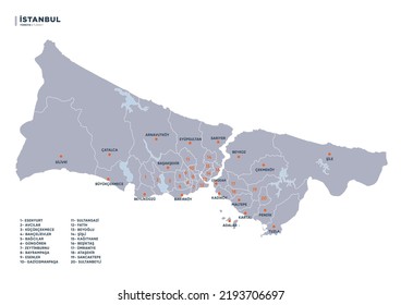 Turkey's Istanbul Province, Detailed Vector Districts Map.