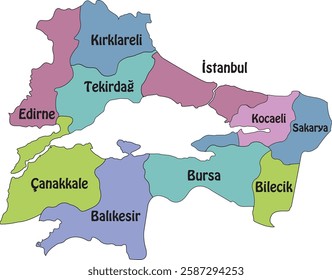 Turkey's Marmara Region administrative map colorful vector illustration, Turkey's Marmara region administrative map, Turkey's Marmara Region vector map. Administrative borders of Turkey's Marmara regi