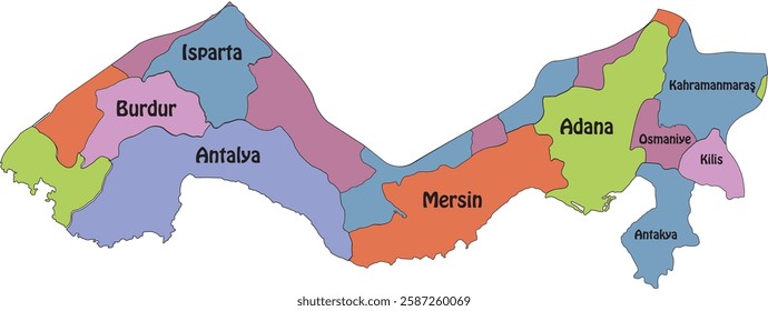 Turkey's Mediterranean region administrative map colorful vector illustration, Turkey's Mediterranean region administrative map, Turkey's Mediterranean region vector map. Administrative borders of Tur