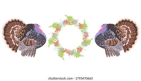 Turkeys next to a frame of colored autumn leaves. Vector illustration of happy thanksgiving celebration design