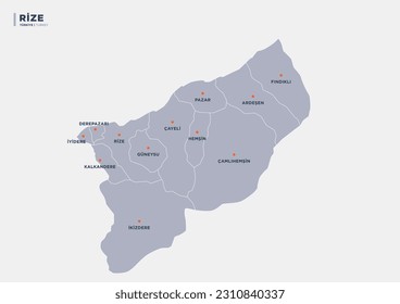 Mapa de provincia de Rize, Turquía.