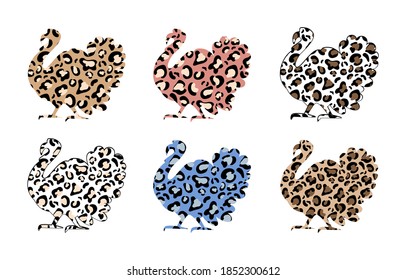 Turkeys silhouette with leopard print isolated on white background. Vector flat illustration. Happy Thanksgiving . Harvest season. Marry Christmas Vector flat illustration. Design for print, card