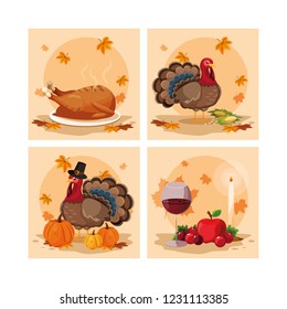 turkeys of thanksgiving day with set icons