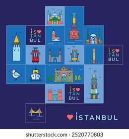 Destinos de viagem da Turquia. Estruturas icônicas e Istambul City Line View. Design mínimo de impressão de cartaz. Turquia