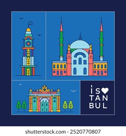 Turkey's travel destinations. iconic structures and Istanbul City Line View. Poster print minimal design. Turkey