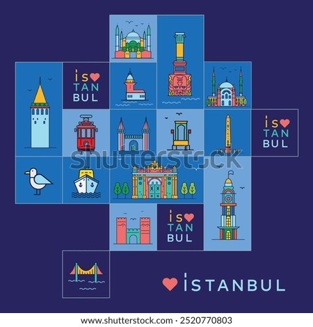 Turkey's travel destinations. iconic structures and Istanbul City Line View. Poster print minimal design. Turkey