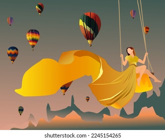 Turki travel poster designer balloons scenery with a girl at swim .eps