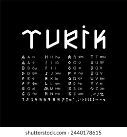 Turkic runic alphabet. In this alphabet, there are numbers and other symbols. Runic letters are accompanied by Latin and Kazakh letters