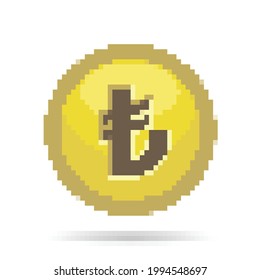 turkich lira pixelated, gold coin icon, one coin, vector illustration