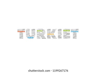 TURKIET word cloud concept made with point of interests in Turkey. 