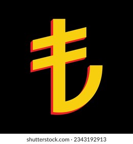 Turkiey Lira sign. 3D Extruded Yellow Icon with Red Sides a Black background. Illustration.