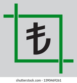 Turkiey Lira sign. Black icon inside green crop tool at light gray background