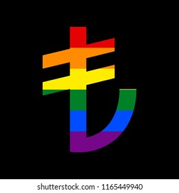 Turkiey Lira sign. Vector. Icon with colors of LGBT flag at black background.
