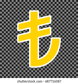 Turkiey Lira sign. Vector. Yellow icon with white contour on dark transparent background.
