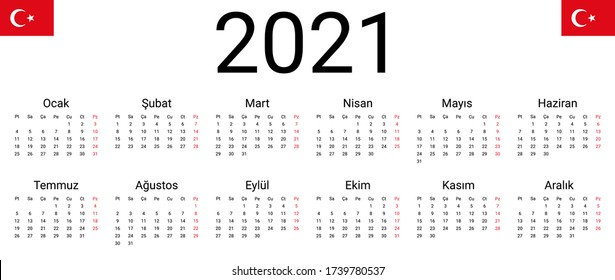 Turkish 2021 Calendar. Vector Design Template Start From Monday. Full Months For Wall Calendar