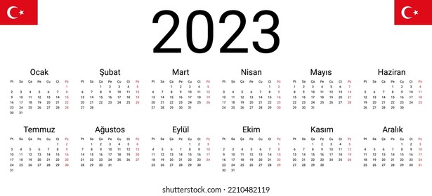 Turkish 2023 calendar. Vector illustration design template start from monday. Full months for wall calendar