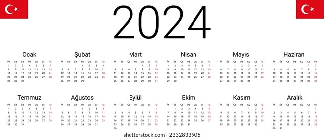 Türkischer Kalender 2024. Die Design-Vorlage für Vektorgrafiken beginnt montags. Vollmonate für Wandkalender