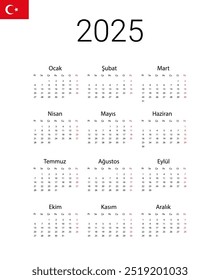 Calendário turco de 2025. O modelo de design de ilustração vetorial começa na segunda-feira. Meses completos para o calendário de paredes