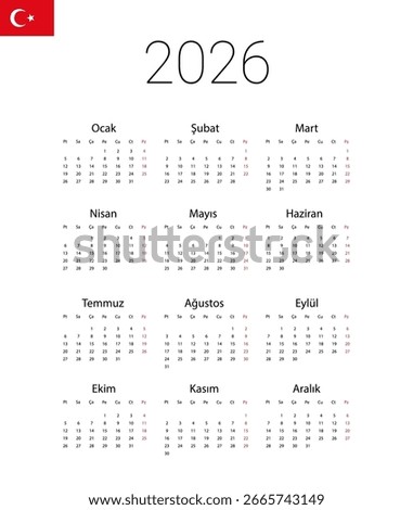 Turkish 2026 calendar. Vector illustration design template start from monday. Full months for wall calendar. isolated wall background.
