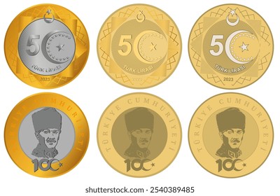 turkish 5 liras, turkish coin hand drawn set vector