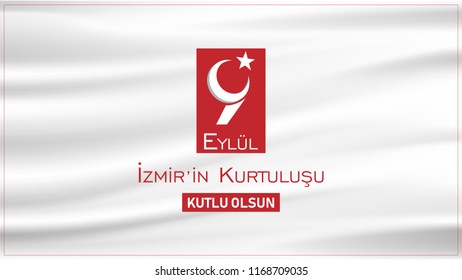 (Turkish: 9 Eylul Izmir’in Kurtulusu) September 9, Salvation of Izmir. Republic of Turkey National Celebration Card - English “September 9, Salvation of Izmir" Typographic Badge. Turkish flag symbol.