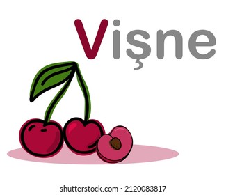 Alfabeto turco con cereza. Traducción del turco: cereza. Ilustración dibujada a mano por el vector
