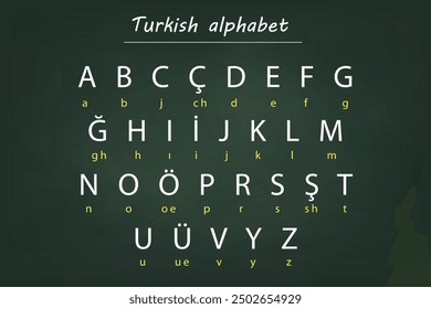 Turkish alphabet with English transliteration, presented on a dark chalkboard background. Educational and language learning tool.