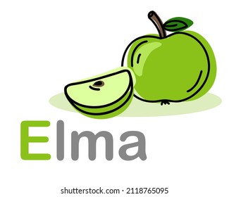 Turkish alphabet with the image of an apple. Translation from Turkish: apple. Vector hand drawn illustration