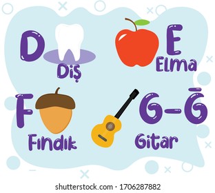 Turkish Alphabet with pictures. Designed for students or teachers to show letters in a colorful and funny way.