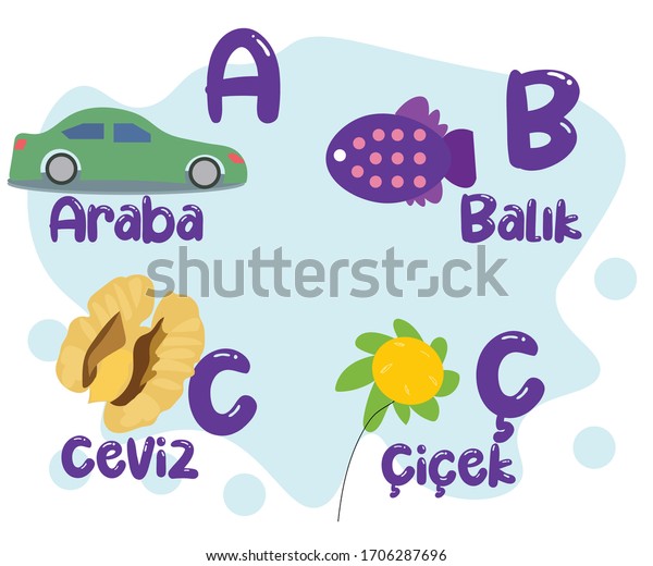 Turkish Alphabet
with pictures. Designed for students or teachers to show letters in
a colorful and funny
way.