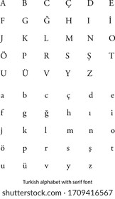 Turkish alphabet with serif font