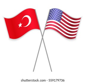 Turkish and American crossed flags. Turkey combined with United States of America isolated on white. Language learning, international business or travel concept.