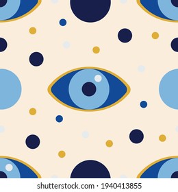 Turkish amulet against the evil eye. Blue eye. Guardian Nazar. Seamless pattern for printing on fabric, textile, paper, interior design. Vector graphics.