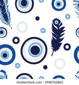 Turkish amulet against the evil eye. Blue eye. Guardian Nazar. Seamless pattern for printing on fabric, textile, paper, interior design. Vector graphics.