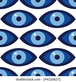 Turkish amulet against the evil eye. Blue eye. Guardian Nazar. Seamless pattern for printing on fabric, textile, paper, interior design. Vector graphics.