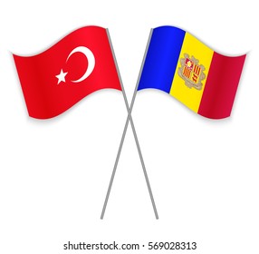 Turkish and Andorran crossed flags. Turkey combined with Andorra isolated on white. Language learning, international business or travel concept.