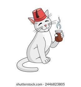 Turkish angora cat character with Turkish cup of tea. Vector illustration isolated on white background. Cat in a fez enjoys tea. svg