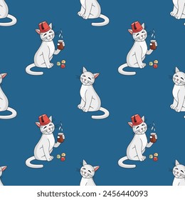 Turkish angora cat character with Turkish cup of tea seamless pattern. Vector illustration. Cat in a fez enjoys tea. Turkish culture elements tea cup, angora cat, Turkish delight, fez. Vector texture.