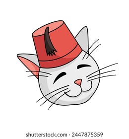 Turkish angora cat character wearing Turkish fez Vector illustration. Cat in a fez. Head of cat. Vector illustration isolated on white background.