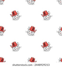 Turkish angora cat character wearing Turkish fez Vector illustration. Cat in a fez. Head of cat. Vector illustration isolated on white background.