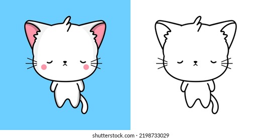 Turkish Angora Cat Clipart Multicolored and Black and White. Beautiful Clip Art Cat. Vector Illustration of a Kawaii Animal for Prints for Clothes, Stickers, Baby Shower, Coloring Pages.
