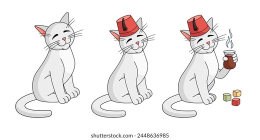 Turkish angora set. Turkish angora cat wearing red fez with Turkish tulip cup of tea. Vector illustration isolated on white. Cat in a fez enjoys tea. Transformation of cat into Turkish cat