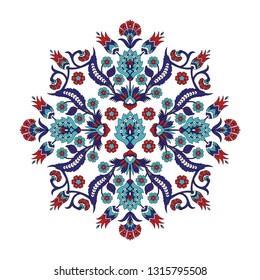 Turkish arabic pattern vector element. Ottoman iznik tile with carnation and tulip flowers. Floral mandala decoration design for textile embroidery or interior decor.
