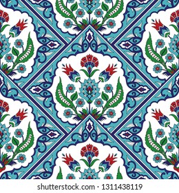 Turkish arabic pattern vector seamless. Ottoman iznik tile design with tulip flowers. Arab background for wallpaper, backdrop, home textile, curtain fabric.